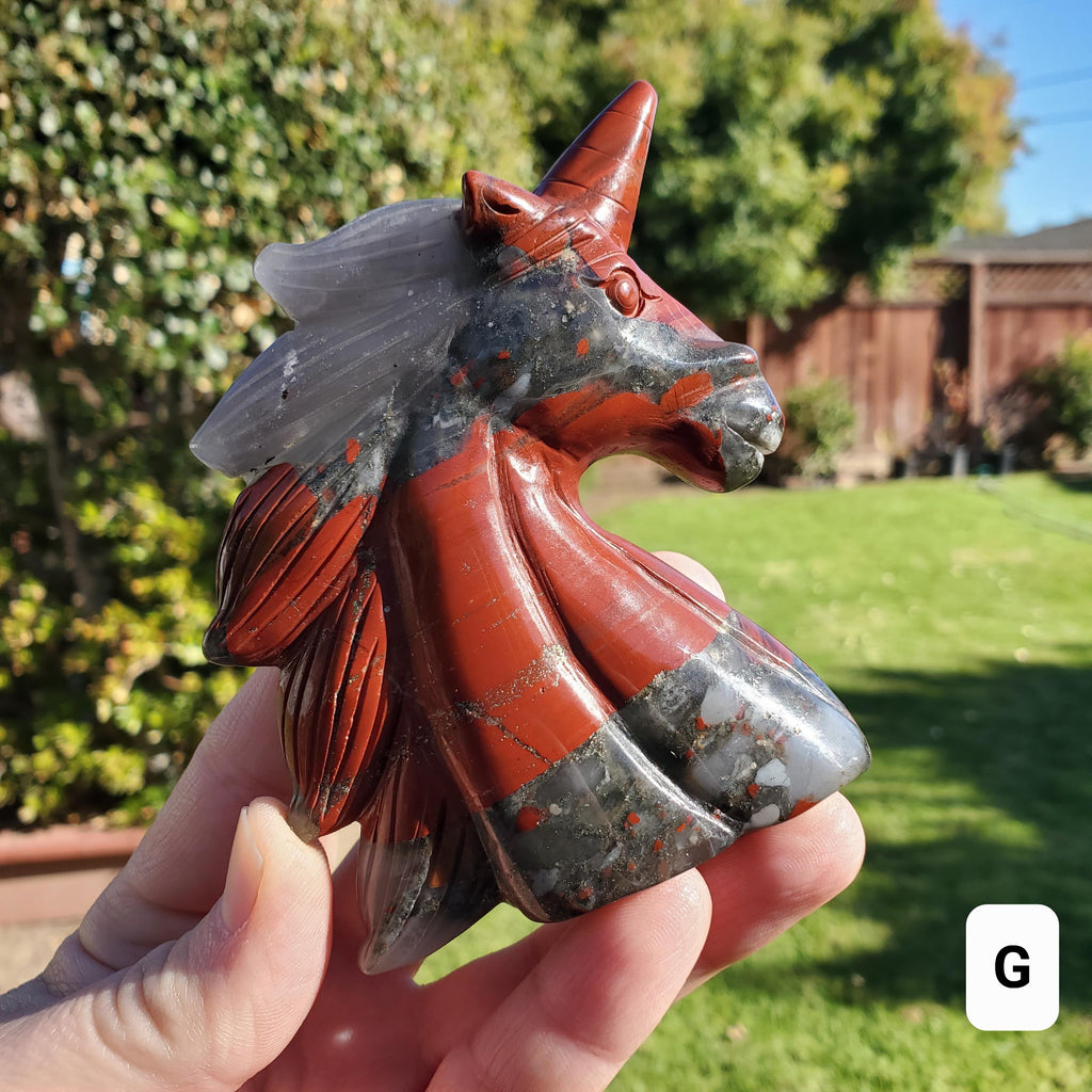 African Bloodstone Unicorn - Calming, Grounding, Persistence, Courage - Black and Red Crystal Unicorn Carving Statement Display