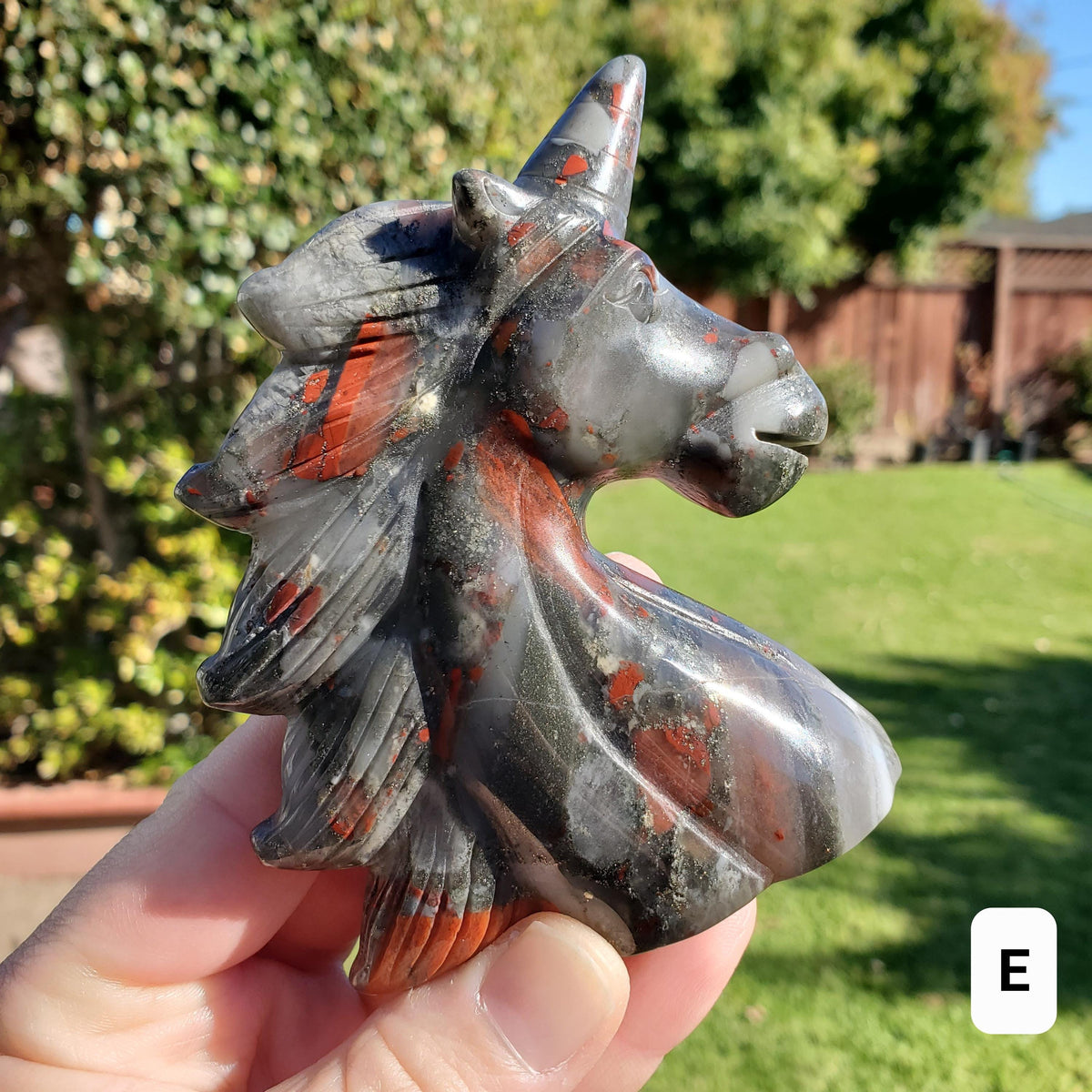 African Bloodstone Unicorn - Calming, Grounding, Persistence, Courage - Black and Red Crystal Unicorn Carving Statement Display