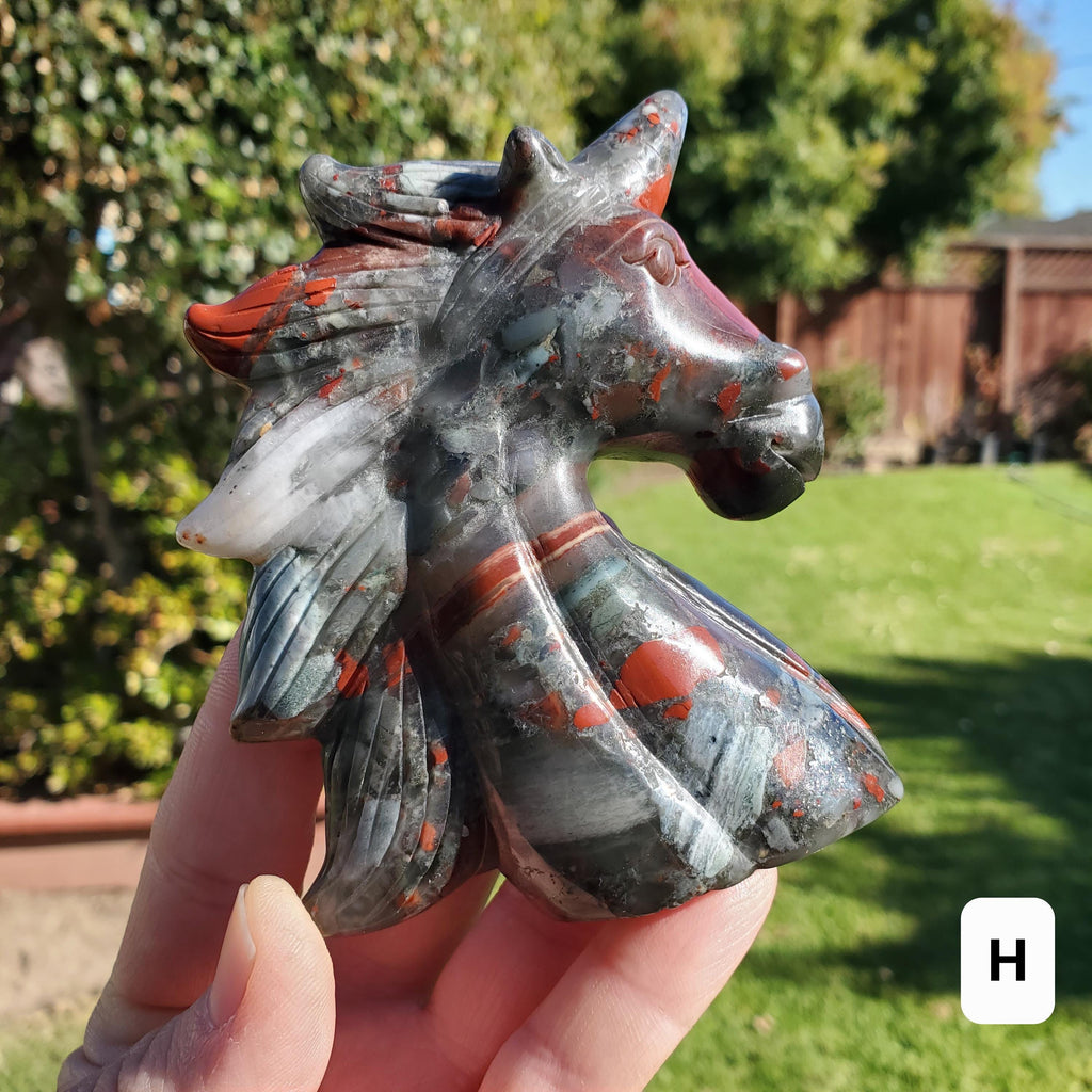 African Bloodstone Unicorn - Calming, Grounding, Persistence, Courage - Black and Red Crystal Unicorn Carving Statement Display