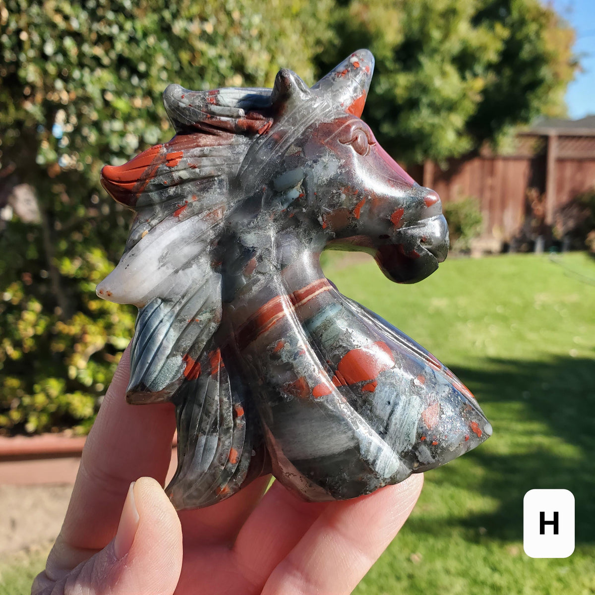 African Bloodstone Unicorn - Calming, Grounding, Persistence, Courage - Black and Red Crystal Unicorn Carving Statement Display