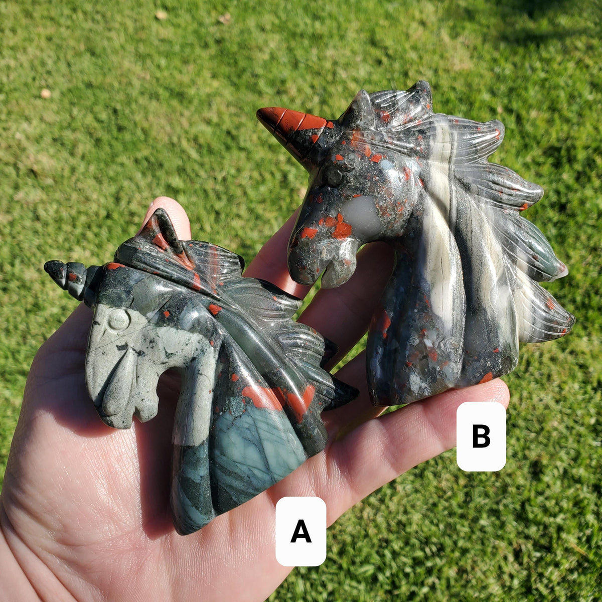 African Bloodstone Unicorn - Calming, Grounding, Persistence, Courage - Black and Red Crystal Unicorn Carving Statement Display