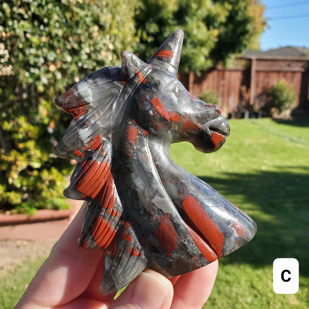 African Bloodstone Unicorn - Calming, Grounding, Persistence, Courage - Black and Red Crystal Unicorn Carving Statement Display