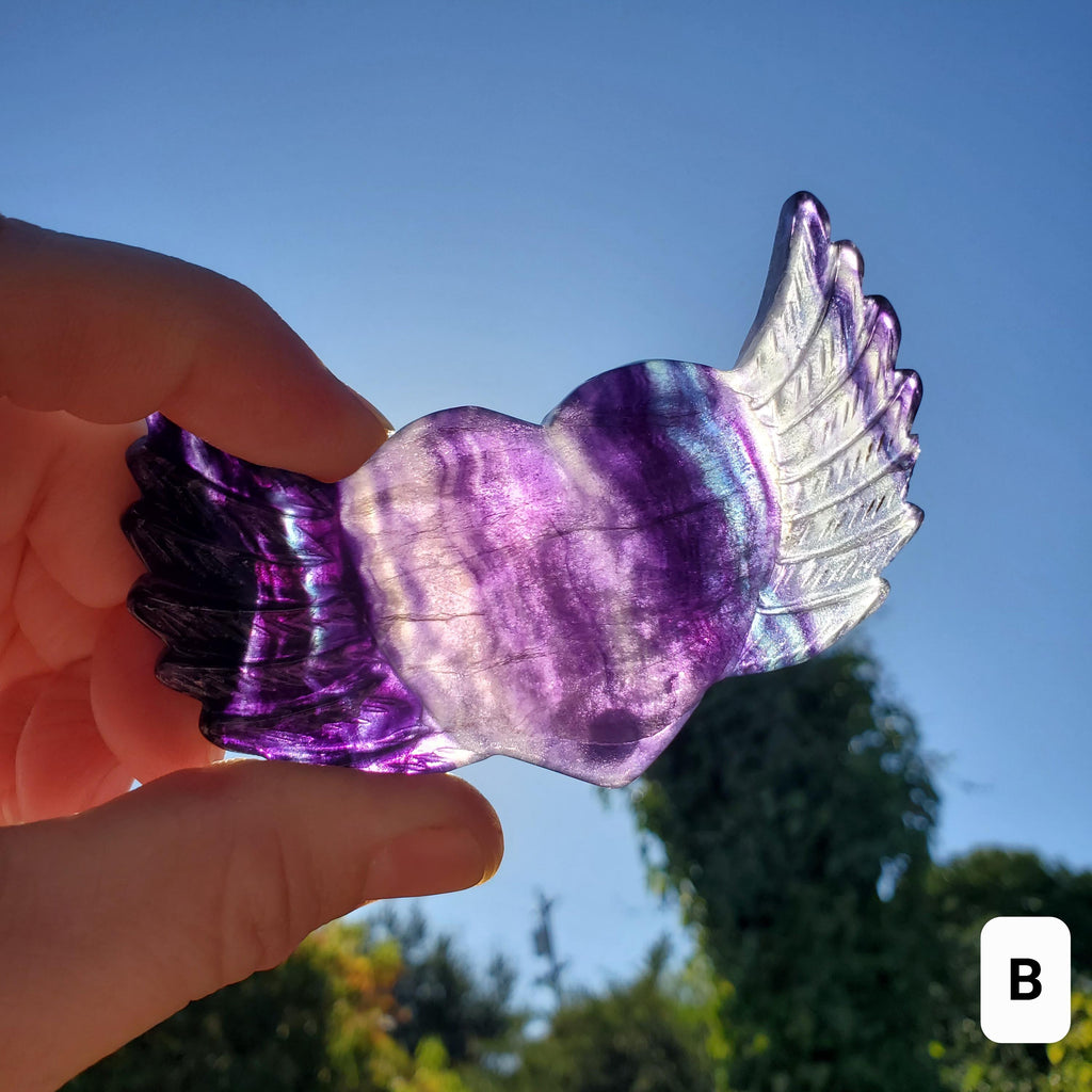 3.75" Rainbow Fluorite Heart Wings - Mental Clarity, Balancing, Protective, Grounding - Crystal Heart with Wings Healing Gemstones