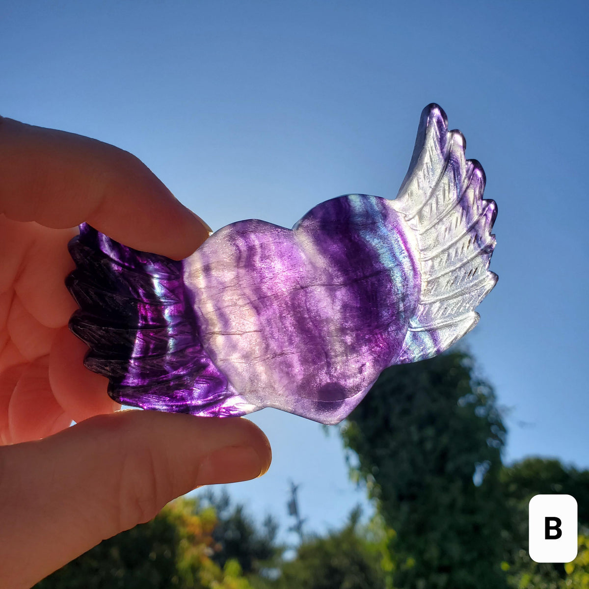 3.75" Rainbow Fluorite Heart Wings - Mental Clarity, Balancing, Protective, Grounding - Crystal Heart with Wings Healing Gemstones