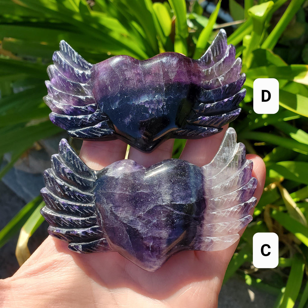 3.75" Rainbow Fluorite Heart Wings - Mental Clarity, Balancing, Protective, Grounding - Crystal Heart with Wings Healing Gemstones