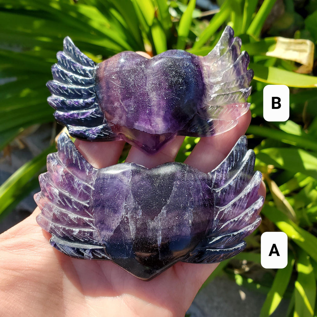 3.75" Rainbow Fluorite Heart Wings - Mental Clarity, Balancing, Protective, Grounding - Crystal Heart with Wings Healing Gemstones