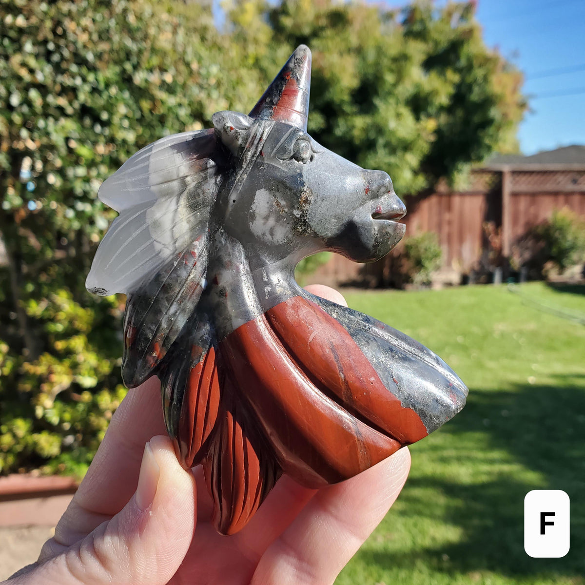 African Bloodstone Unicorn - Calming, Grounding, Persistence, Courage - Black and Red Crystal Unicorn Carving Statement Display