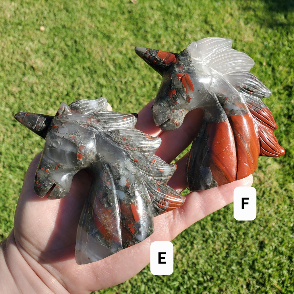 African Bloodstone Unicorn - Calming, Grounding, Persistence, Courage - Black and Red Crystal Unicorn Carving Statement Display