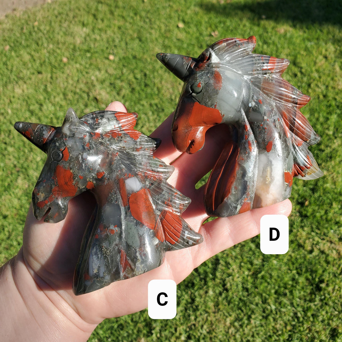 African Bloodstone Unicorn - Calming, Grounding, Persistence, Courage - Black and Red Crystal Unicorn Carving Statement Display