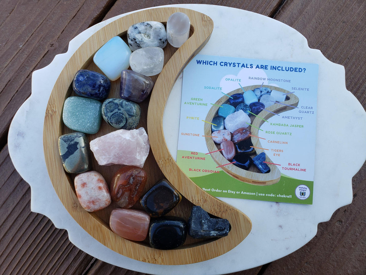 Crystal Tumble Set with Bamboo Moon Tray - 16 Healing Crystals Gemstones Inside Crystal Storage Wooden Moon Tray (8.5" x 6" x 0.50") Display