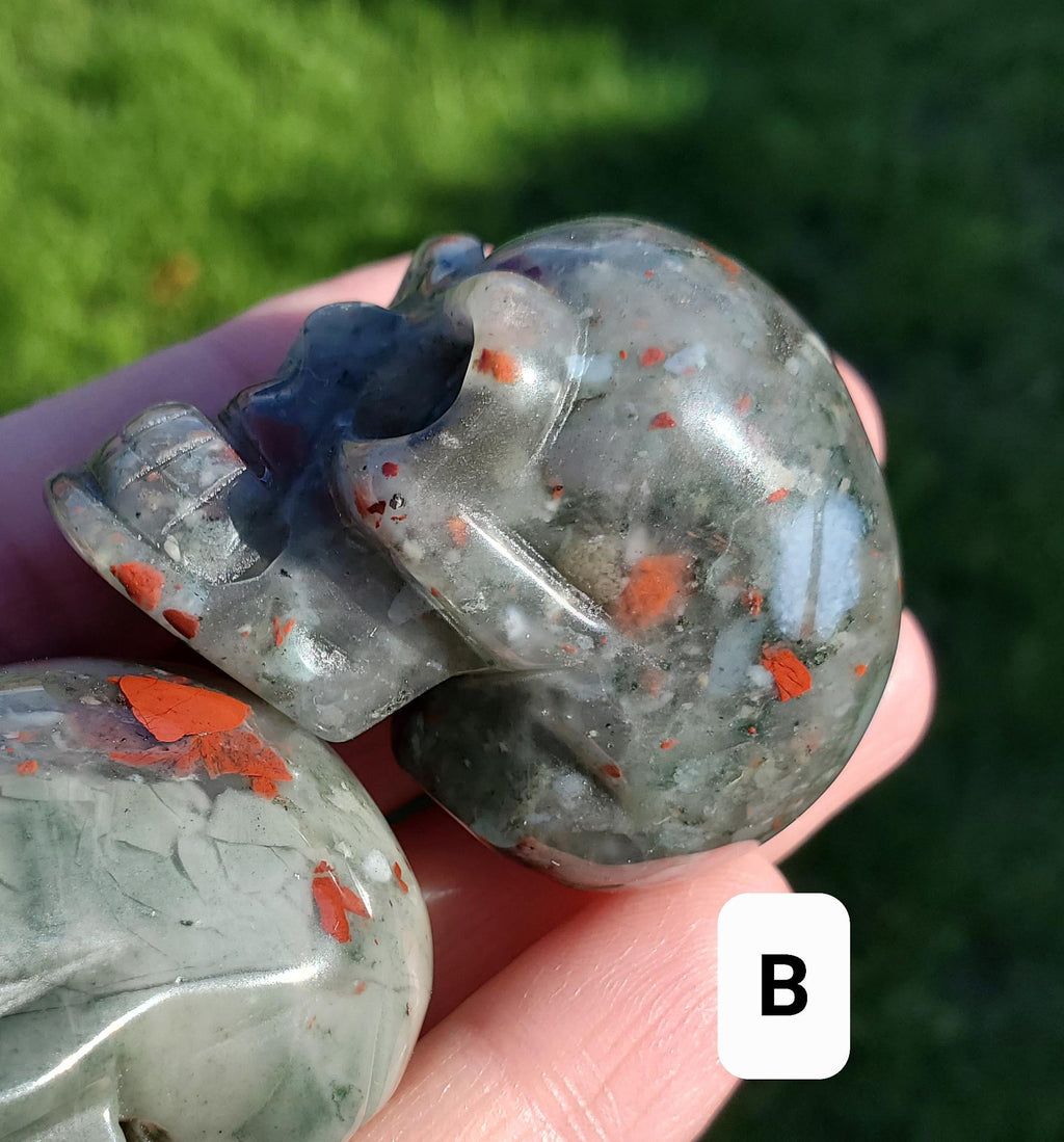 African Bloodstone Skull - Calming, Grounding, Persistence, Courage - 2" Black and Red Crystal Skull Carving Healing Gemstone