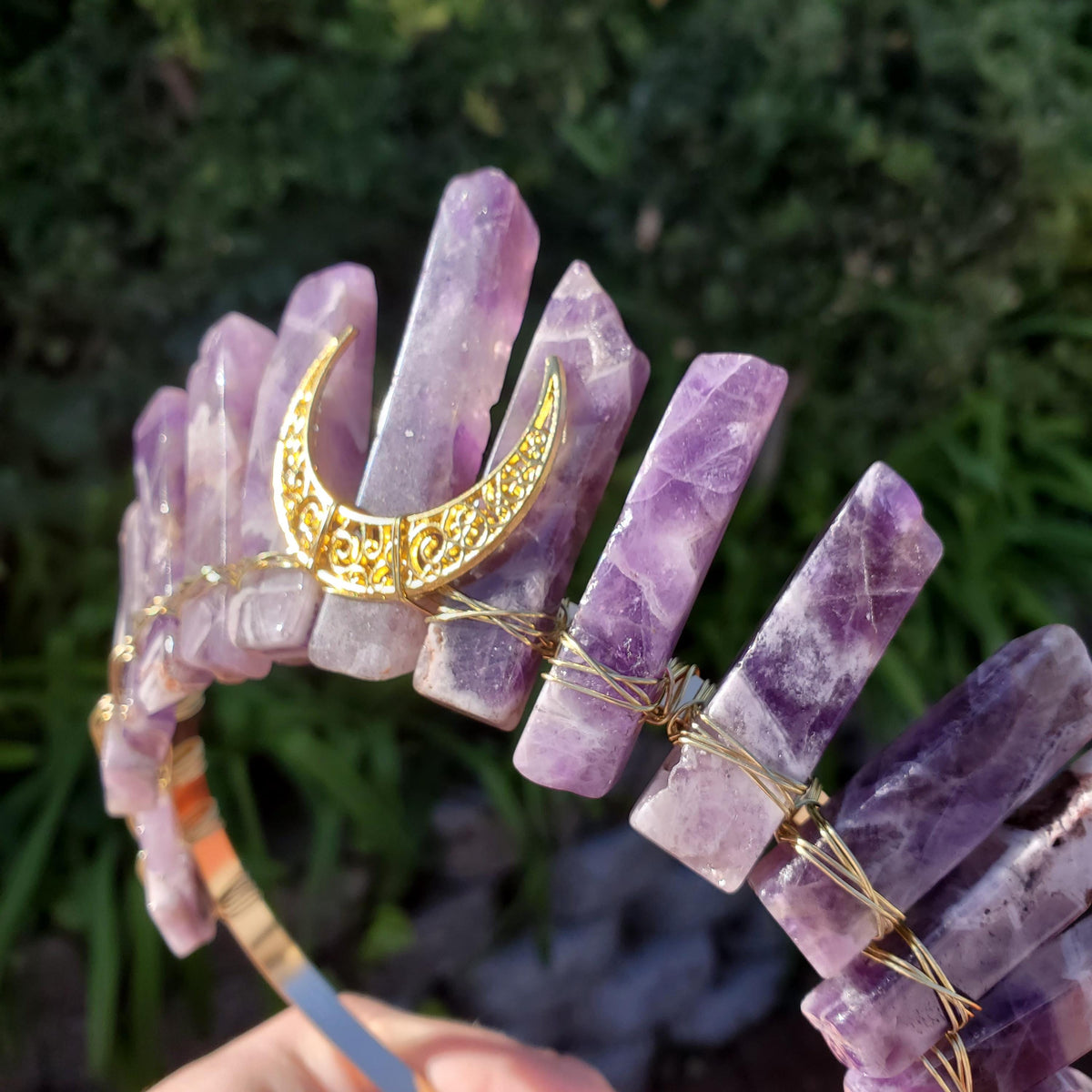 Dream Amethyst Crown with Moon - Calming, Energetic Protection, Positivity, Divine Love - Amethyst Crystal Crown Goddess Headpiece