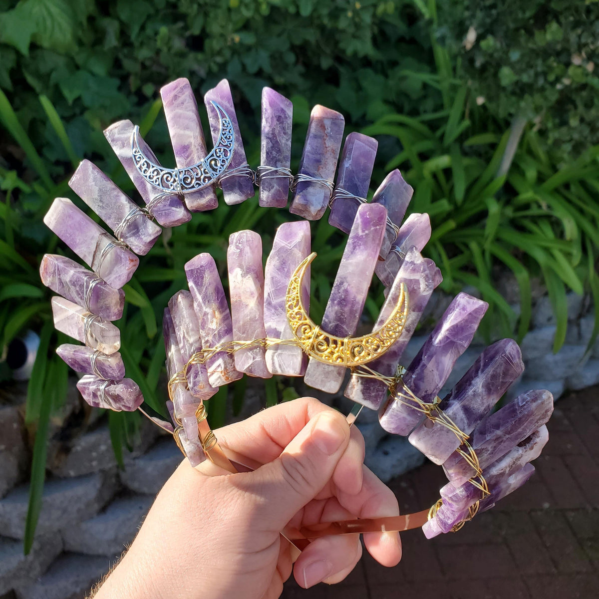 Dream Amethyst Crown with Moon - Calming, Energetic Protection, Positivity, Divine Love - Amethyst Crystal Crown Goddess Headpiece