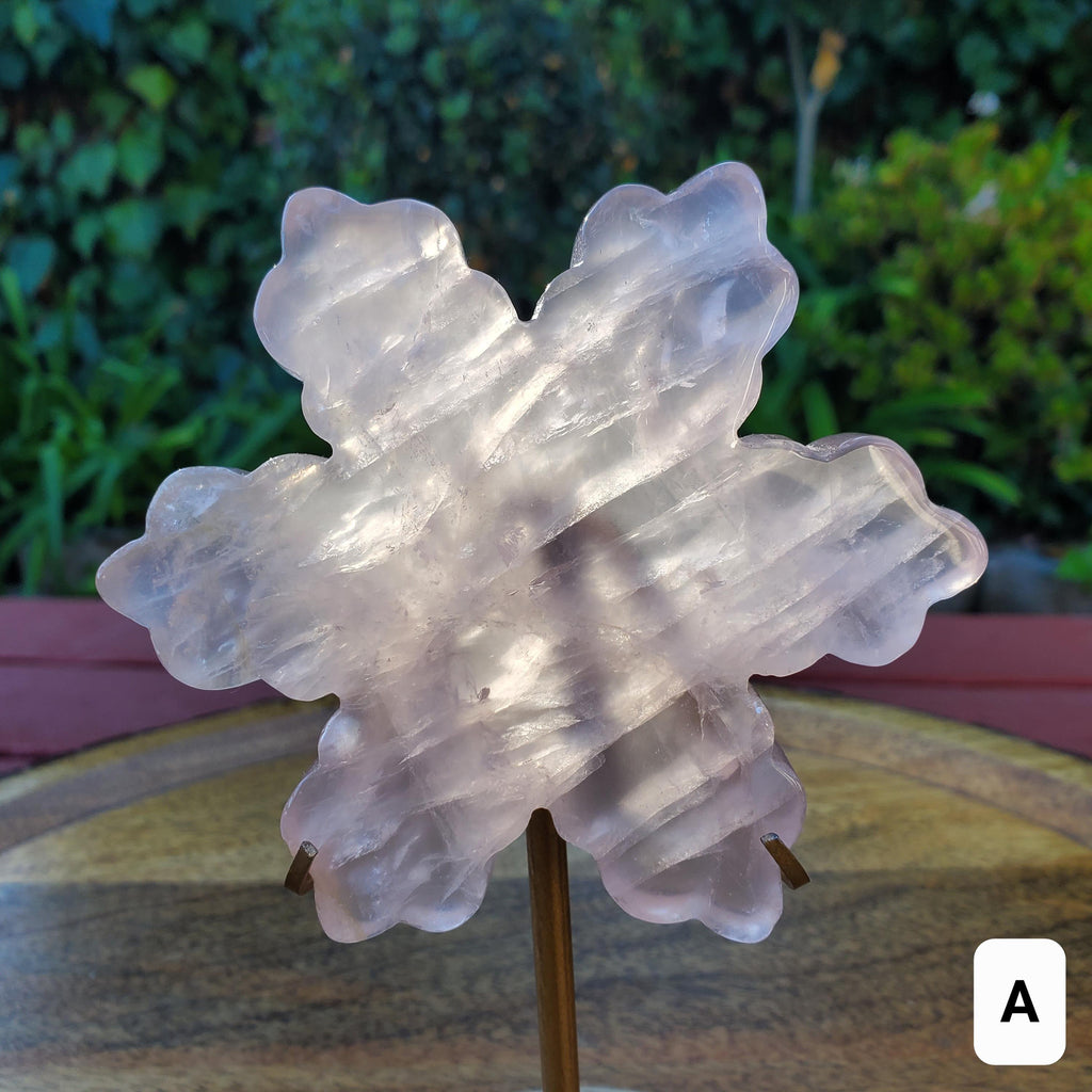 Rose Quartz Snowflake on Stand - Unconditional Love, Compassion, Forgiveness - Pink Snowflake Healing Crystals Gemstone Holiday Decor