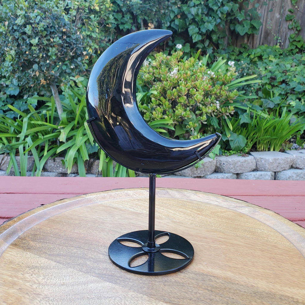 Big Obsidian Moon on Black Stand 11" tall - Self Reflection, Release Negative Energies - Black Moon Witchy Decor Statement Piece