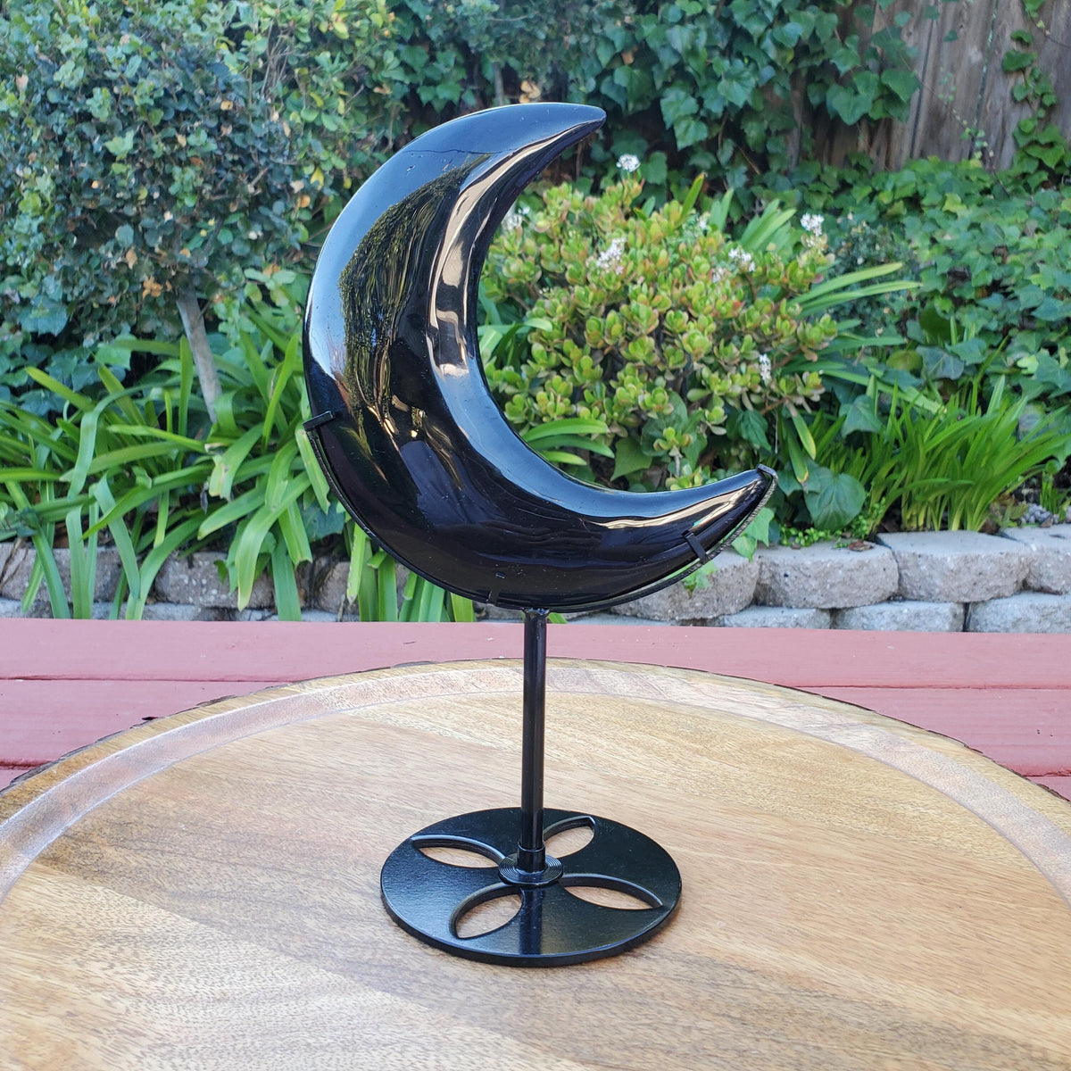 Big Obsidian Moon on Black Stand 11" tall - Self Reflection, Release Negative Energies - Black Moon Witchy Decor Statement Piece