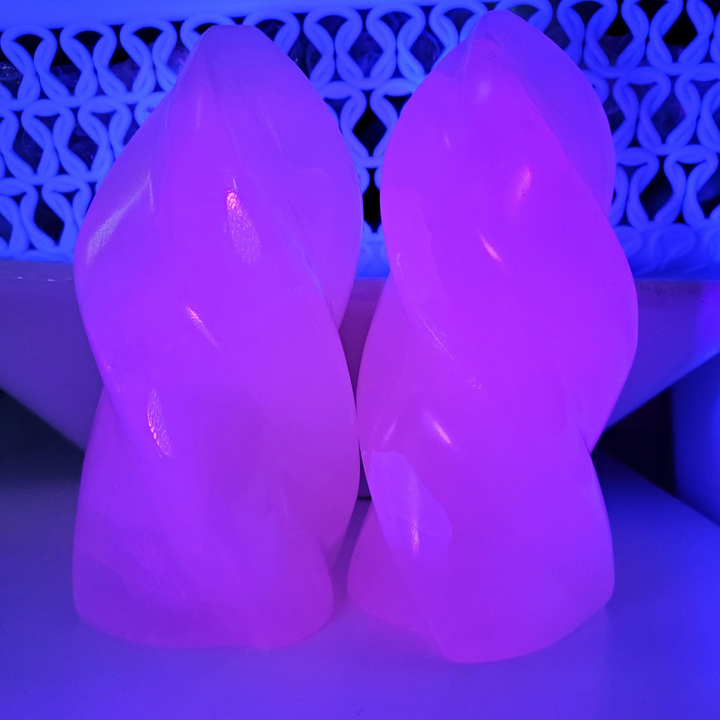 Pink Calcite Flame Accent Light - UV Reactive Stone - Emotional Healing, Pure Love - Pink Mangano Healing Gemstone Vanity Lamp Mood Light
