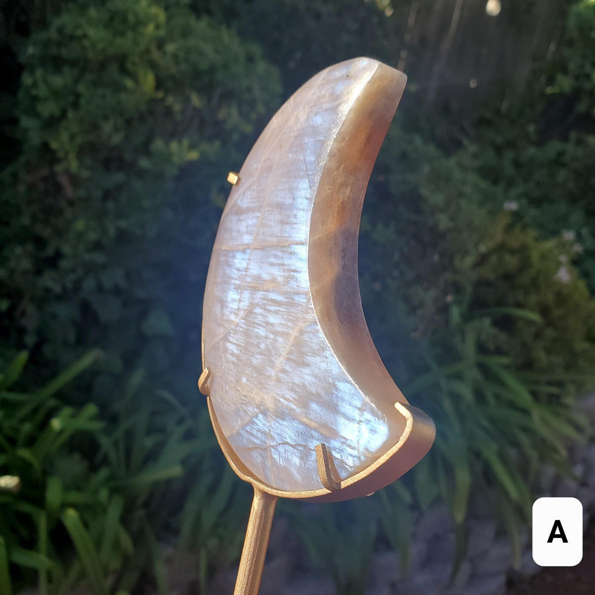 Gold & Blue Flashy Moonstone Moon on Stand - Uplifting, Raises Vibration, Feminine Energy, Empowering - Flashy Crystal Moon Healing Gemstone