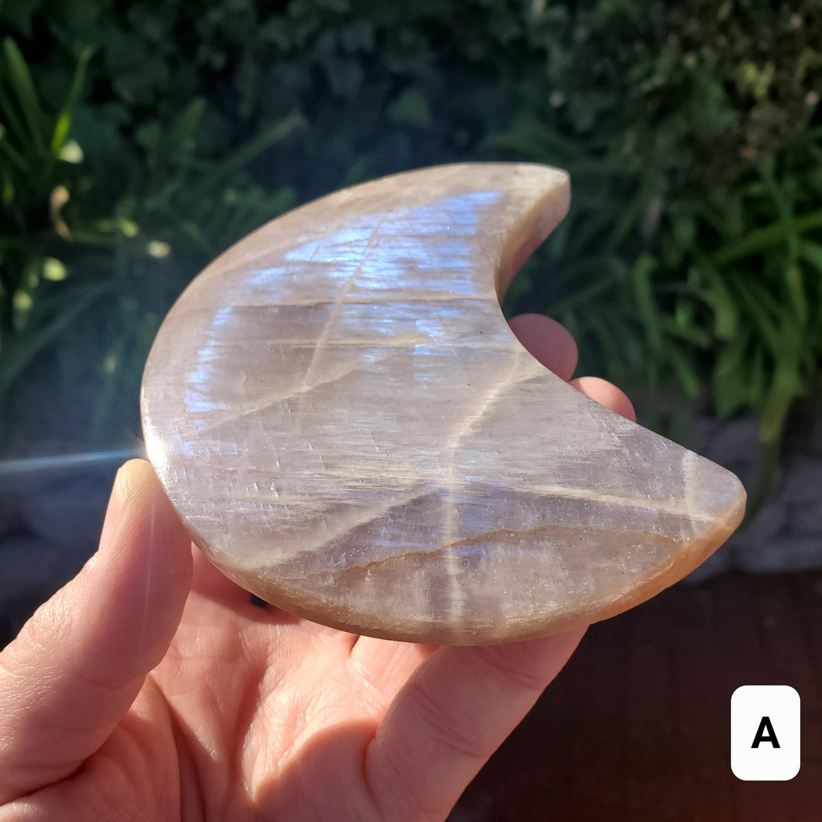 Gold & Blue Flashy Moonstone Moon on Stand - Uplifting, Raises Vibration, Feminine Energy, Empowering - Flashy Crystal Moon Healing Gemstone