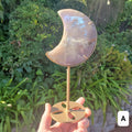 Gold & Blue Flashy Moonstone Moon on Stand - Uplifting, Raises Vibration, Feminine Energy, Empowering - Flashy Crystal Moon Healing Gemstone
