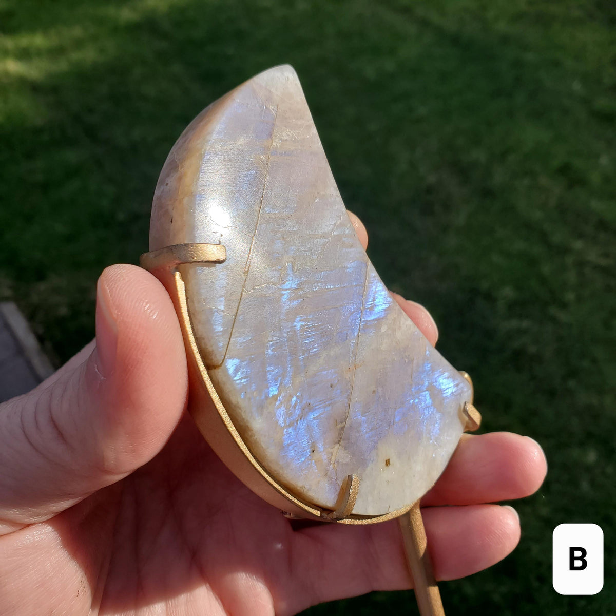 Gold & Blue Flashy Moonstone Moon on Stand - Uplifting, Raises Vibration, Feminine Energy, Empowering - Flashy Crystal Moon Healing Gemstone