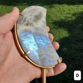 Gold & Blue Flashy Moonstone Moon on Stand - Uplifting, Raises Vibration, Feminine Energy, Empowering - Flashy Crystal Moon Healing Gemstone