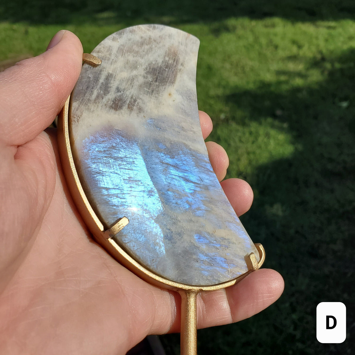 Gold & Blue Flashy Moonstone Moon on Stand - Uplifting, Raises Vibration, Feminine Energy, Empowering - Flashy Crystal Moon Healing Gemstone