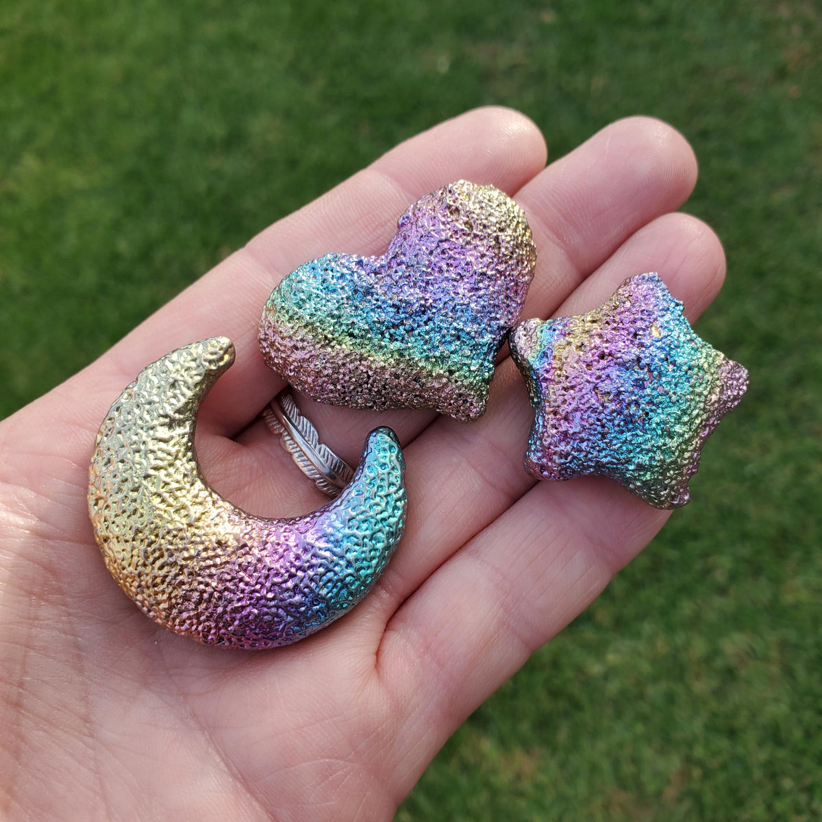 Bismuth Heart, Moon & Star Trio - Togetherness, Helps Bond Relationships, Strengthens Visualizations - Metal Carved Healing Gemstone