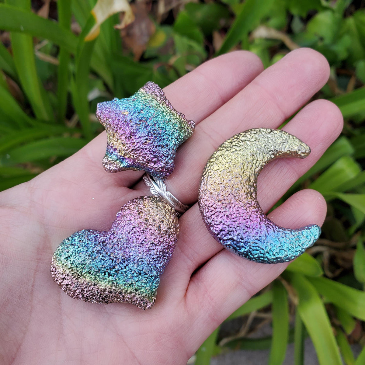 Bismuth Heart, Moon & Star Trio - Togetherness, Helps Bond Relationships, Strengthens Visualizations - Metal Carved Healing Gemstone