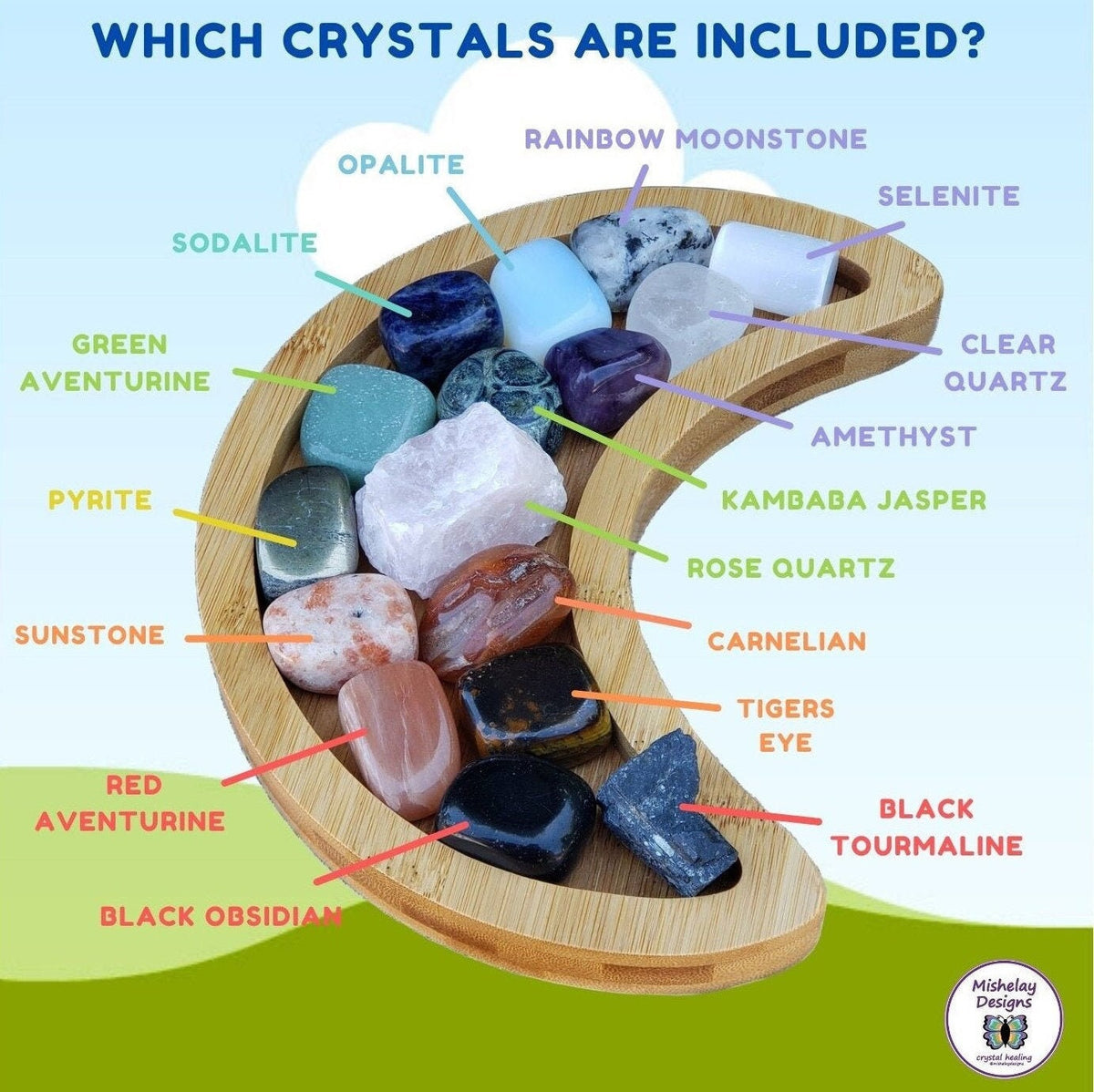 Crystal Tumble Set with Bamboo Moon Tray - 16 Healing Crystals Gemstones Inside Crystal Storage Wooden Moon Tray (8.5" x 6" x 0.50") Display