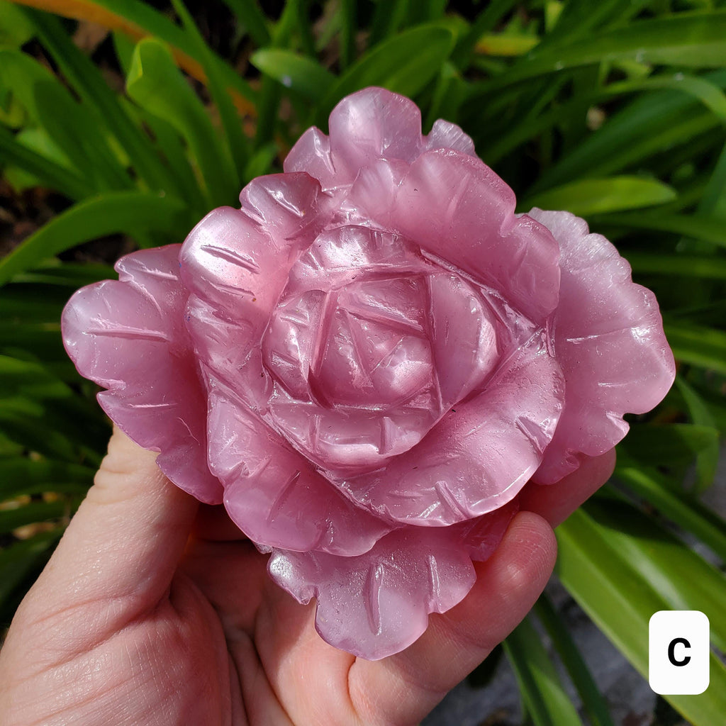 Pink Cat's Eye Rose - Friendship, Peace, Magnification, Luck - Pink Stone Rose Carving Healing Crystal Gemstones