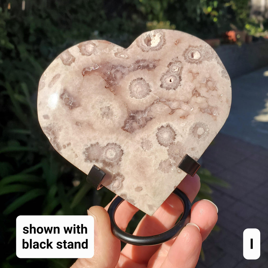 Druzy Pink Amethyst Flower Agate Heart + Stand - Gentle, Nourishing, Growth, Positivity, Grounding - Crystal Heart with Rainbows Statement