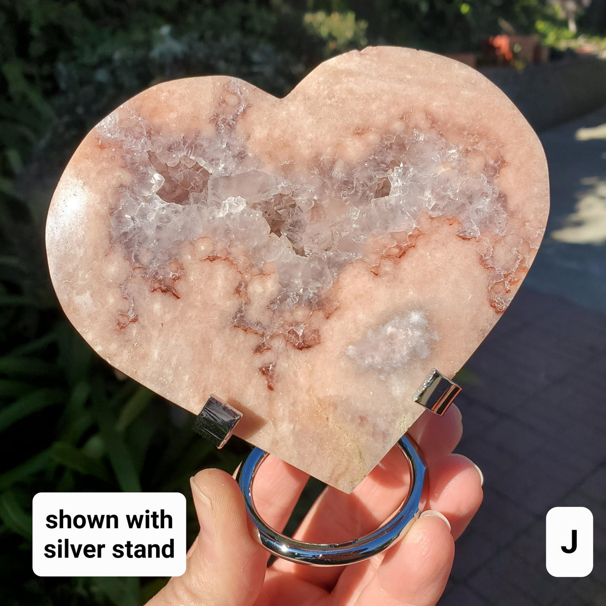 Druzy Pink Amethyst Flower Agate Heart + Stand - Gentle, Nourishing, Growth, Positivity, Grounding - Crystal Heart with Rainbows Statement