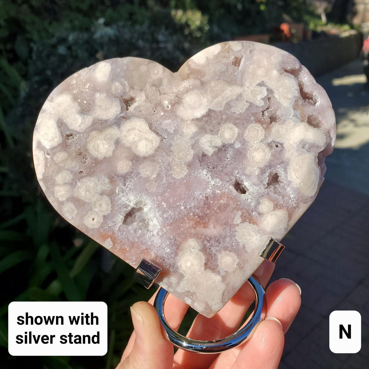 Druzy Pink Amethyst Flower Agate Heart + Stand - Gentle, Nourishing, Growth, Positivity, Grounding - Crystal Heart with Rainbows Statement