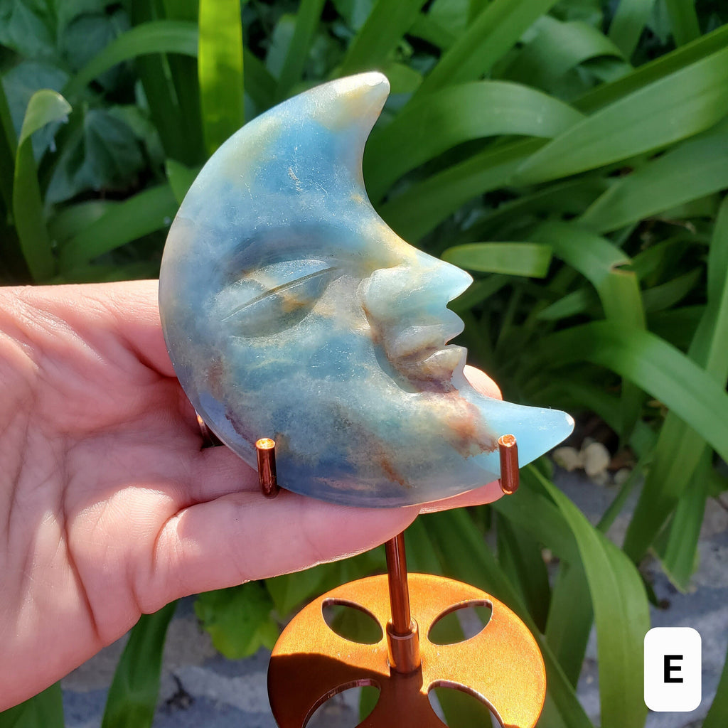 Blue Onyx Moon on Stand - Increases Mental Power, Gives You Emotional Strength, Willpower - Blue Moon Crystal Display Healing Gemstones