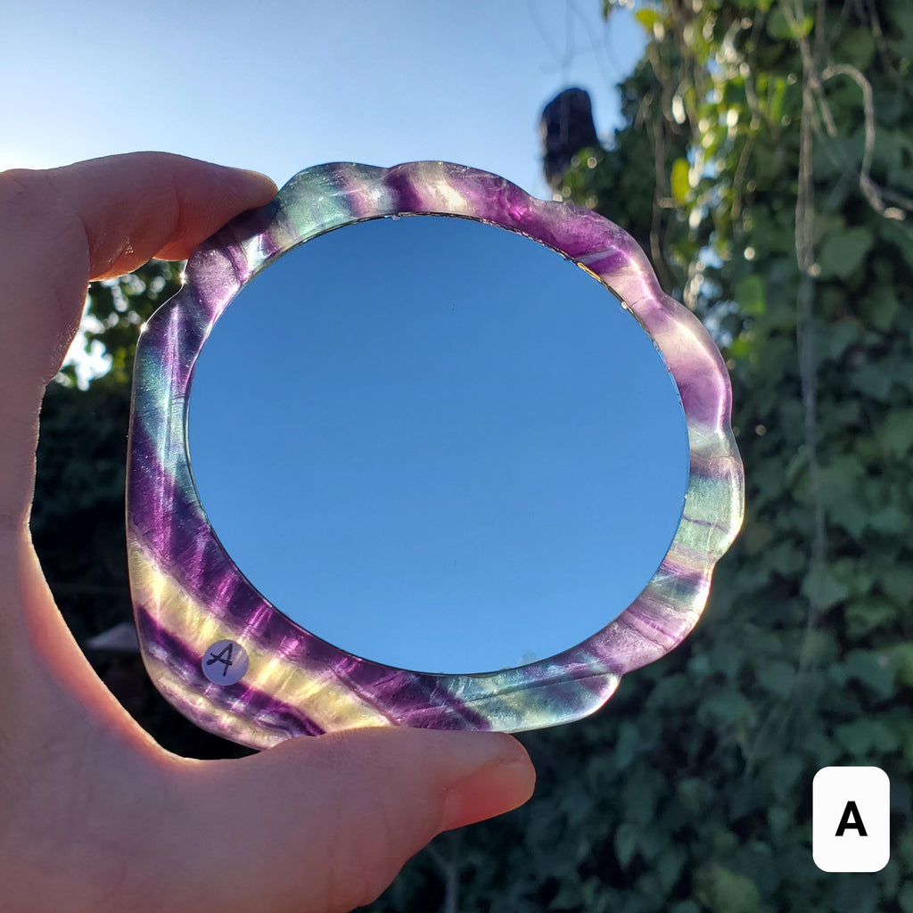 Rainbow Fluorite Seashell Mirror - Mental Concentration, Energetic Protection, Positivity - Fluorite Crystal Seashell Mirror Vanity Decor