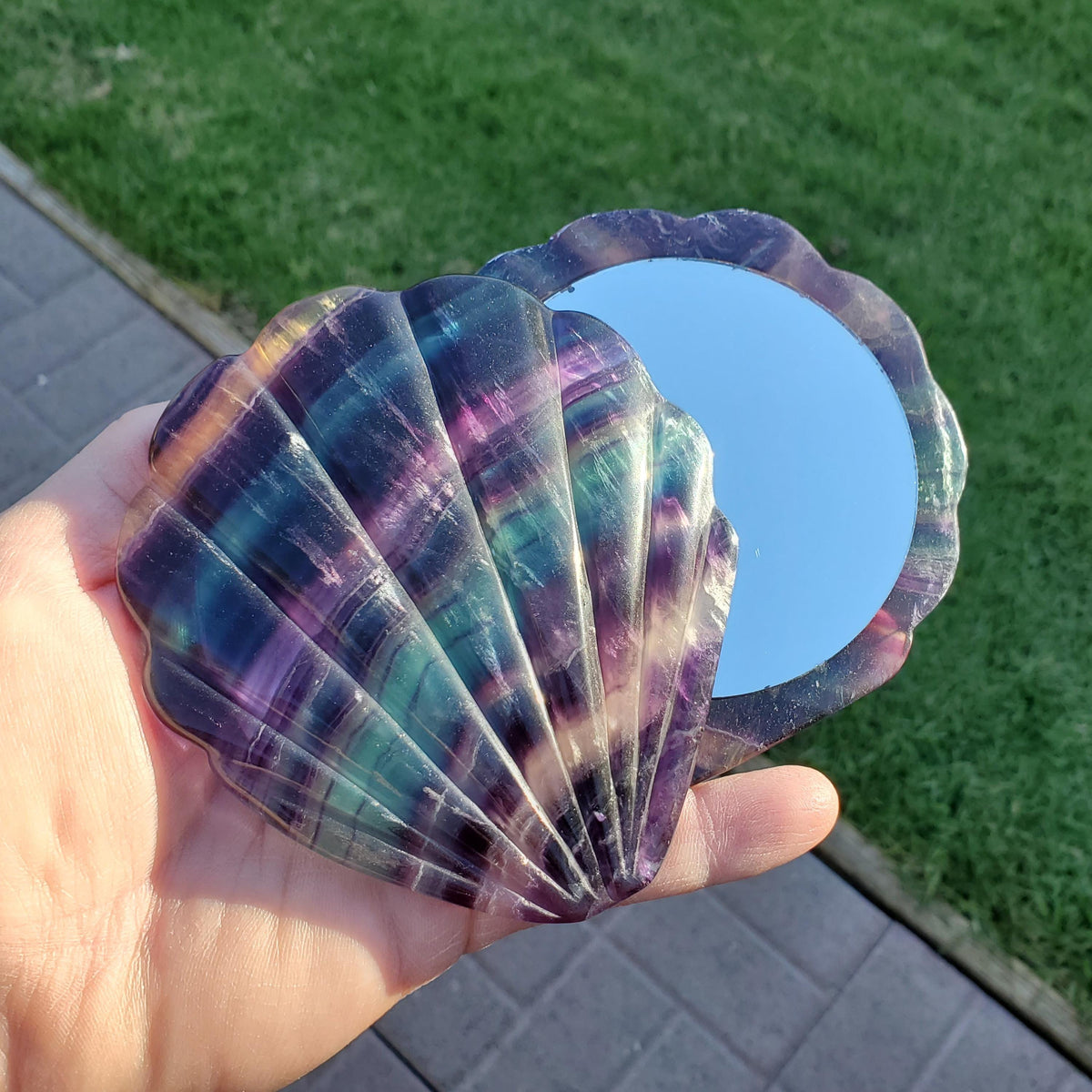 Rainbow Fluorite Seashell Mirror - Mental Concentration, Energetic Protection, Positivity - Fluorite Crystal Seashell Mirror Vanity Decor
