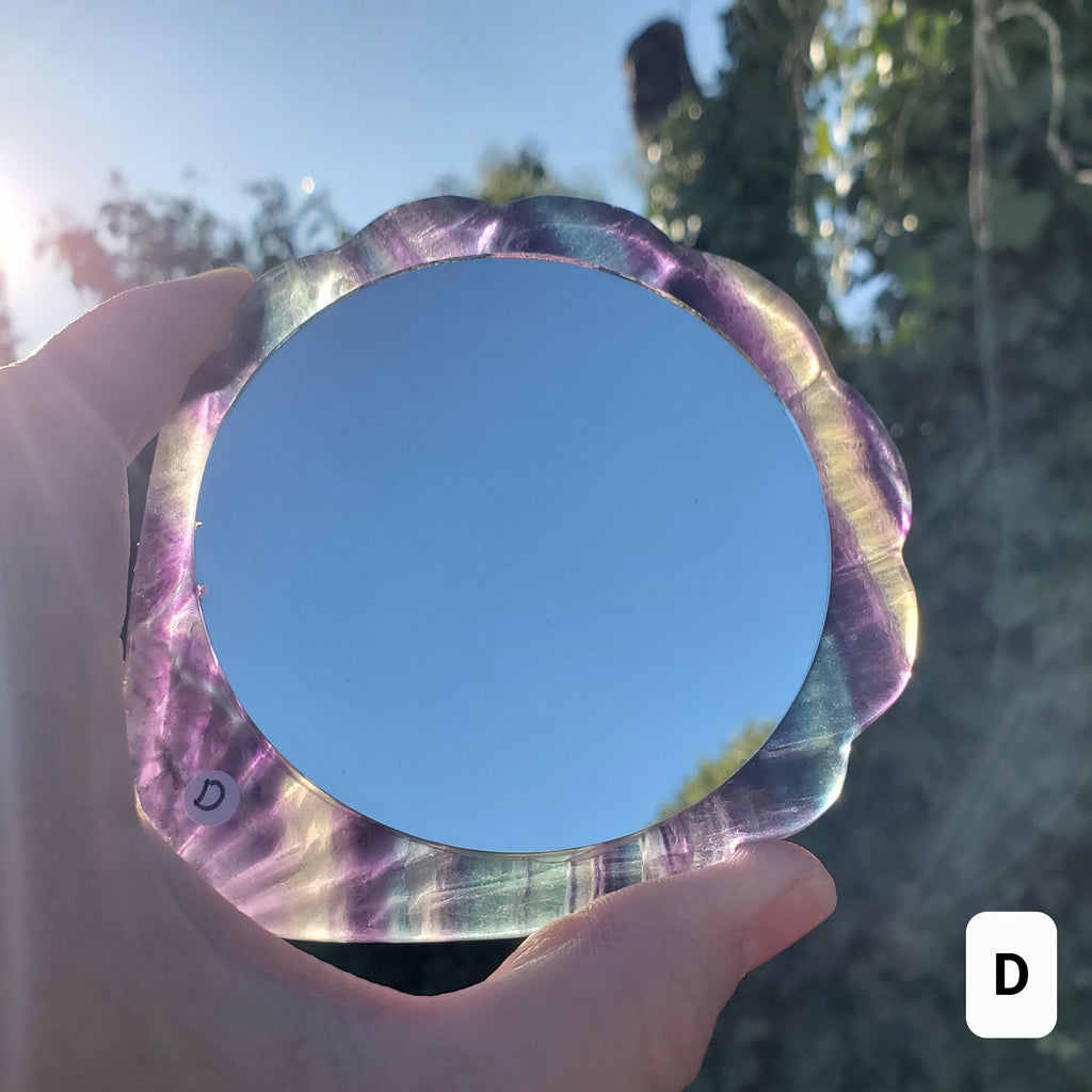 Rainbow Fluorite Seashell Mirror - Mental Concentration, Energetic Protection, Positivity - Fluorite Crystal Seashell Mirror Vanity Decor