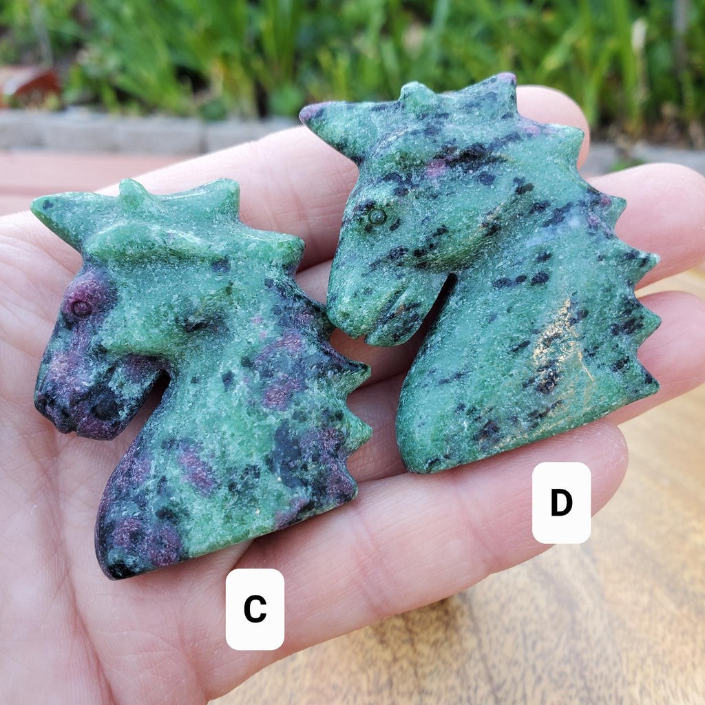 Small Ruby Zoisite Unicorn with UV reactive Ruby - Courage, Strength, Connects Our Hearts and Brain - Ruby Unicorn Carving Healing Gemstone