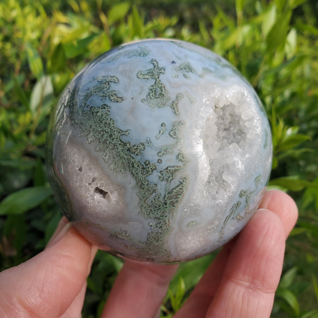 Moss Agate Druzy Sphere - Grounding, Reflection, New Beginnings - Green Agate Crystal Ball Healing Crystal Gemstone
