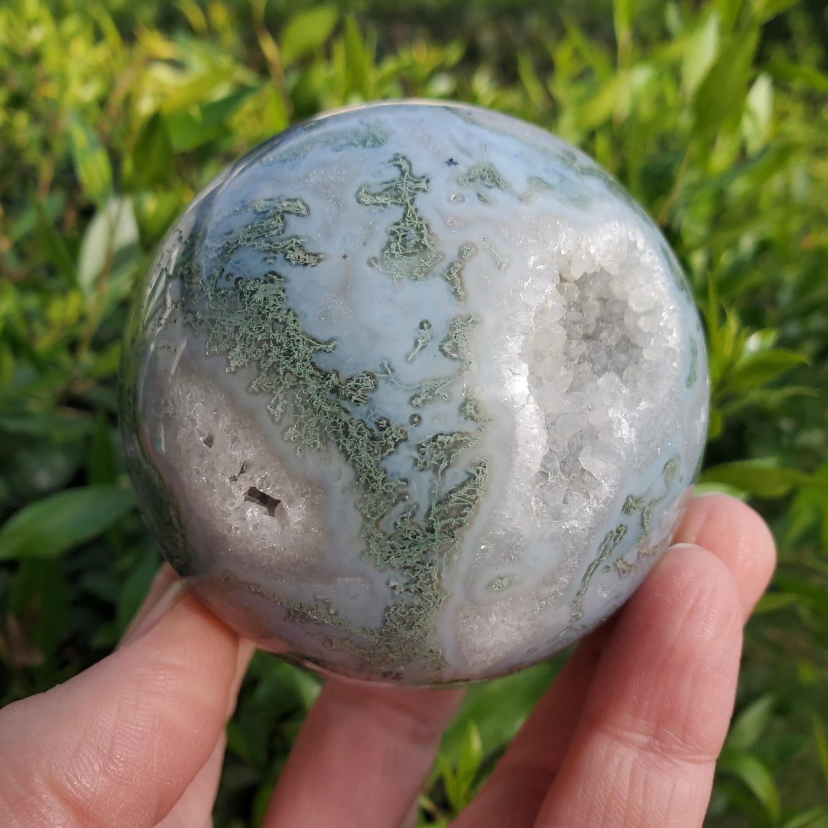 Moss Agate Druzy Sphere - Grounding, Reflection, New Beginnings - Green Agate Crystal Ball Healing Crystal Gemstone