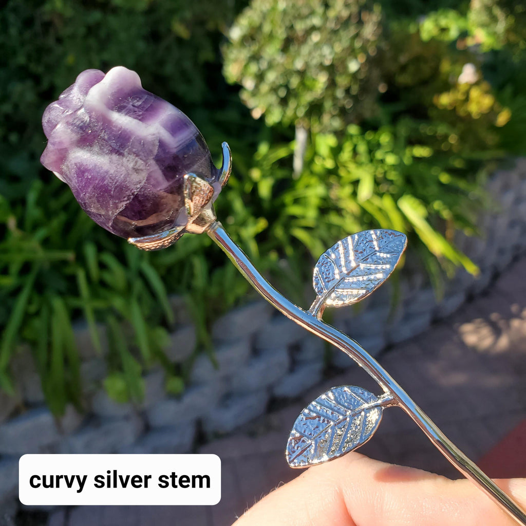 Small Dream Amethyst Rose on Stem - Calming, Energetic Protection, Positivity, Connection - Purple Chevron Flower Crystal Rose Gemstone