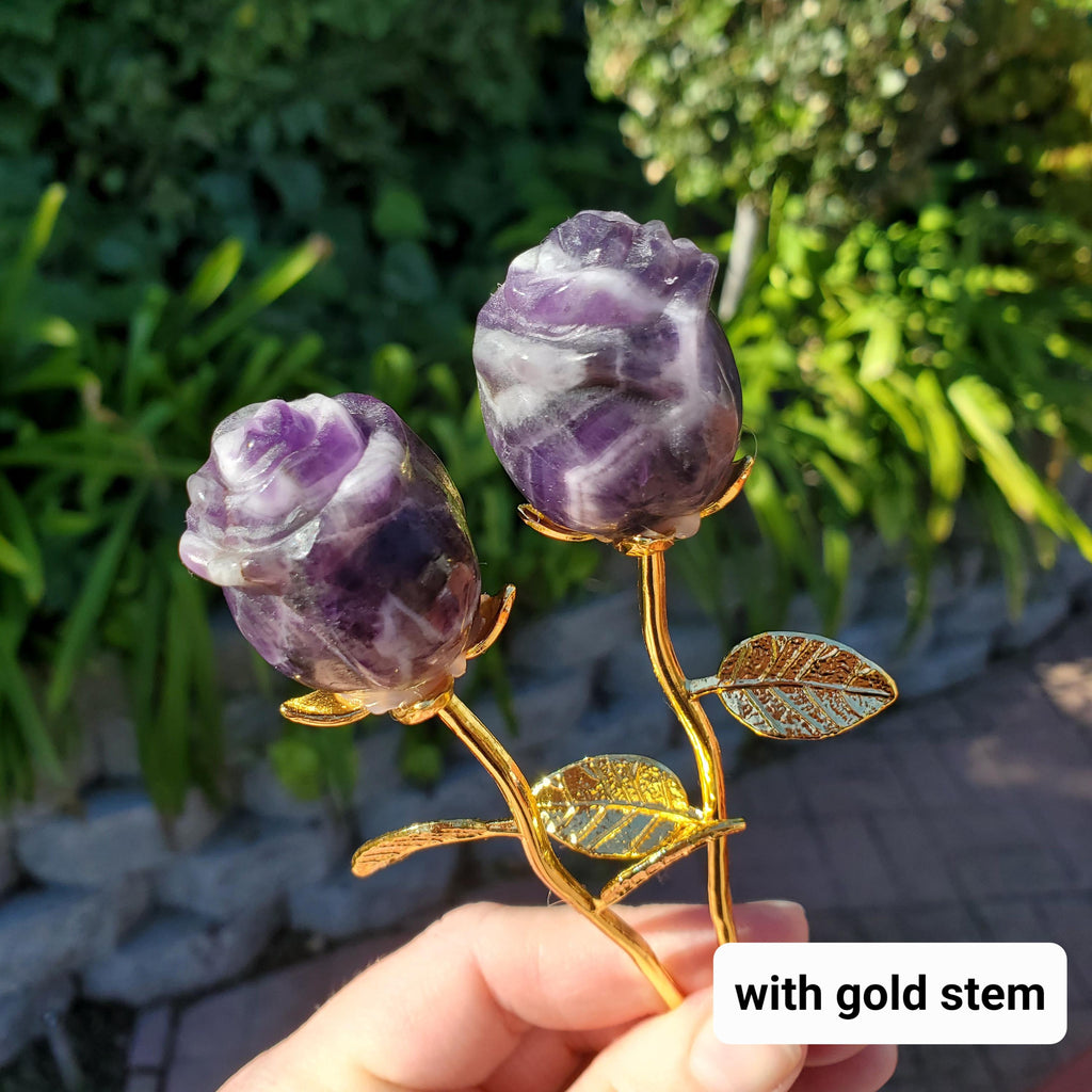 Small Dream Amethyst Rose on Stem - Calming, Energetic Protection, Positivity, Connection - Purple Chevron Flower Crystal Rose Gemstone