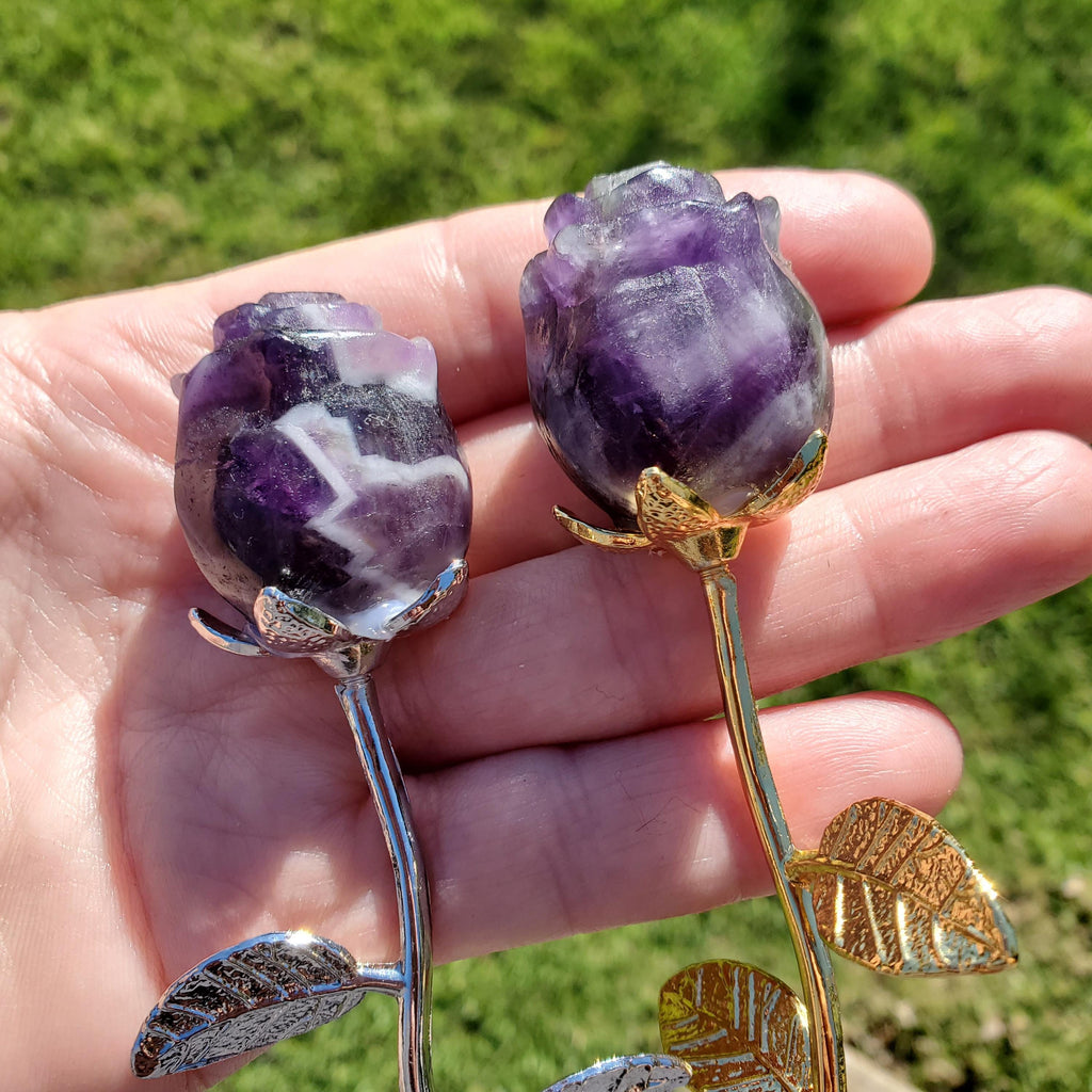 Small Dream Amethyst Rose on Stem - Calming, Energetic Protection, Positivity, Connection - Purple Chevron Flower Crystal Rose Gemstone