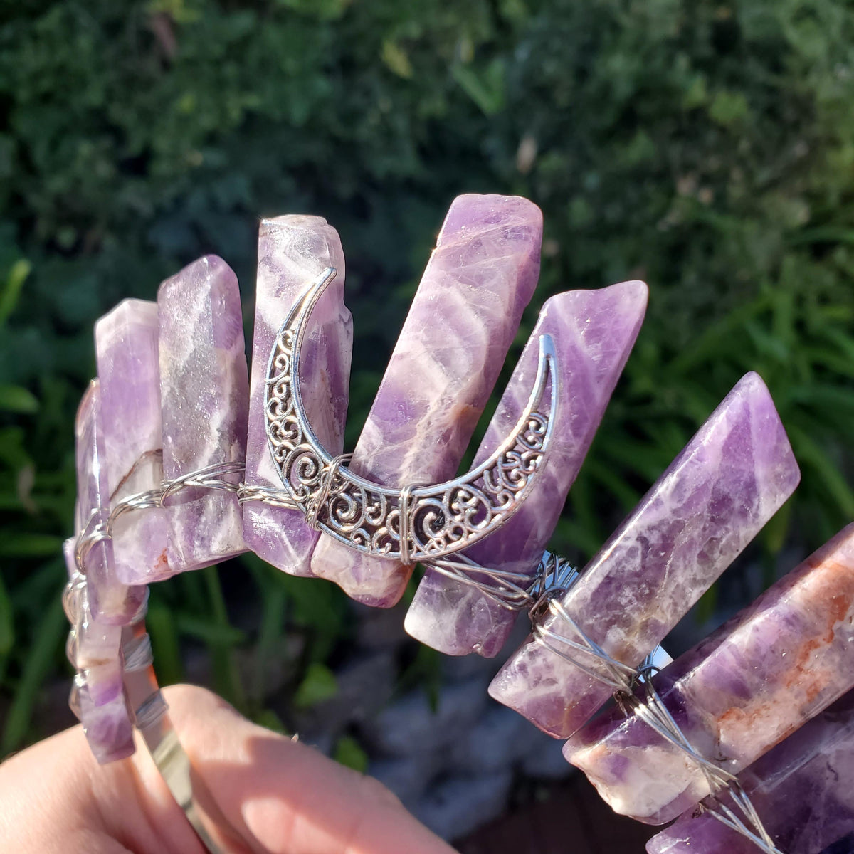Dream Amethyst Crown with Moon - Calming, Energetic Protection, Positivity, Divine Love - Amethyst Crystal Crown Goddess Headpiece