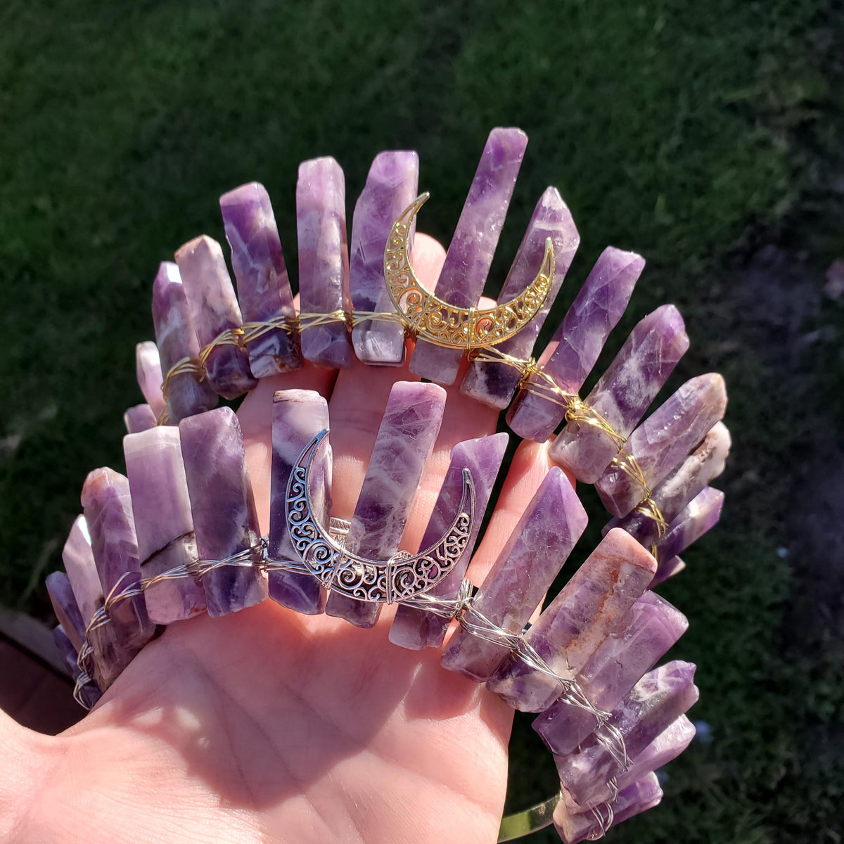 Dream Amethyst Crown with Moon - Calming, Energetic Protection, Positivity, Divine Love - Amethyst Crystal Crown Goddess Headpiece