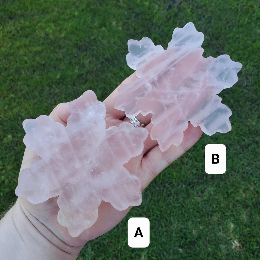 Rose Quartz Snowflake on Stand - Unconditional Love, Compassion, Forgiveness - Pink Snowflake Healing Crystals Gemstone Holiday Decor