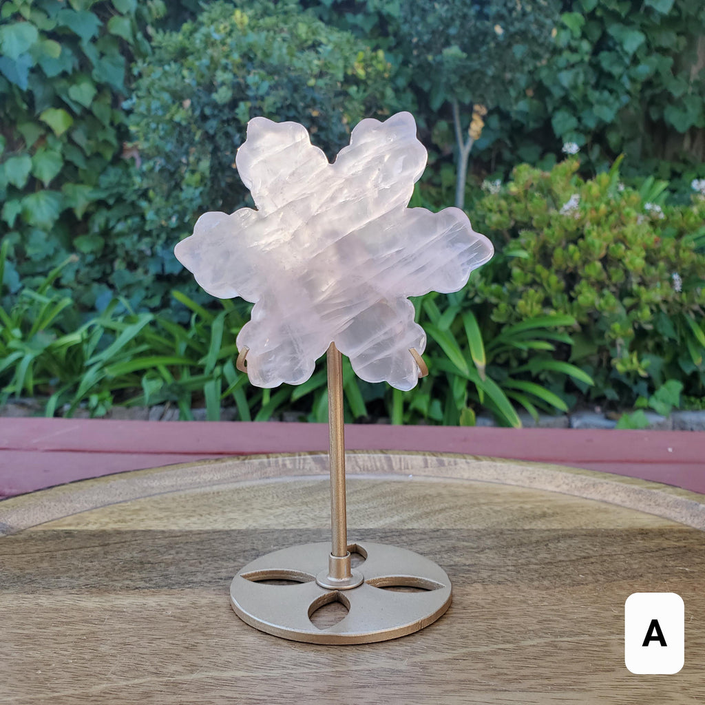 Rose Quartz Snowflake on Stand - Unconditional Love, Compassion, Forgiveness - Pink Snowflake Healing Crystals Gemstone Holiday Decor