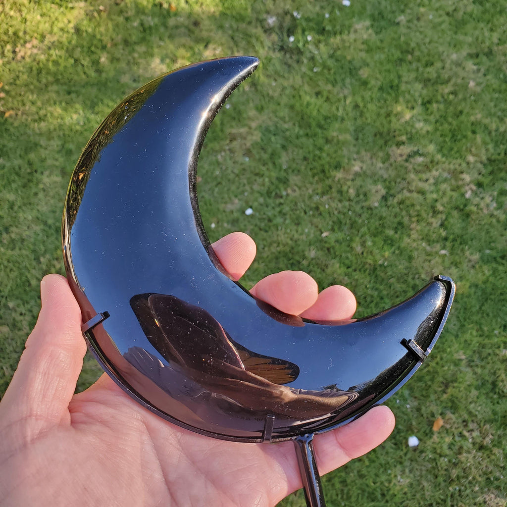 Big Obsidian Moon on Black Stand 11" tall - Self Reflection, Release Negative Energies - Black Moon Witchy Decor Statement Piece