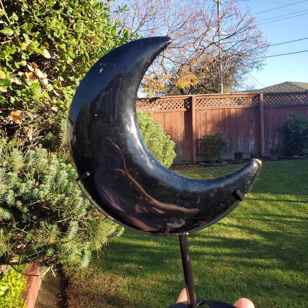 Big Obsidian Moon on Black Stand 11" tall - Self Reflection, Release Negative Energies - Black Moon Witchy Decor Statement Piece